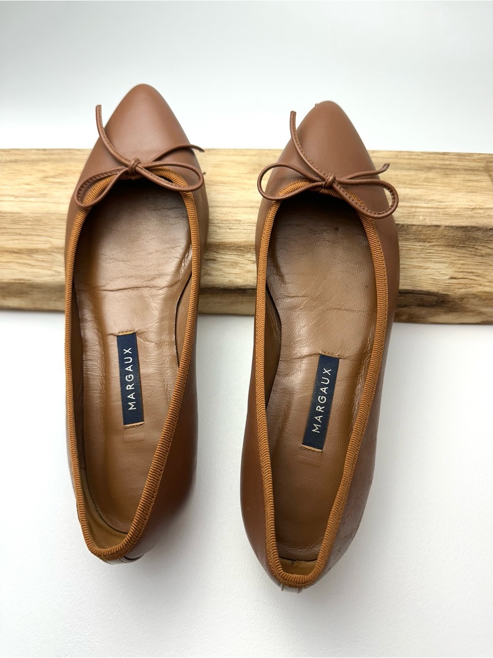 Margaux Cognac Leather Pointed-Toe Ballet Flats with Bow